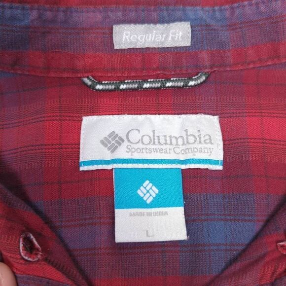 Columbia Mens Large Button Down Flannel Shirt Red Blue Plaid Long Sleeve Pocket - Picture 4 of 5